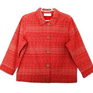 Liz Claiborne Co First Issue Jacket Boxy 3/4 Sleeve Red Tan Cotton Print - Large